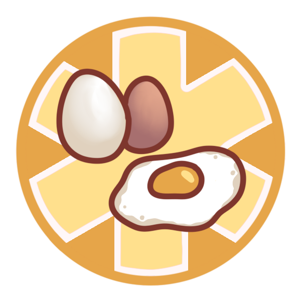 a yellow circle with a large medical alert asterisk inside it, and two eggs, one smaller and brown, and a fried egg, pictured in the center.